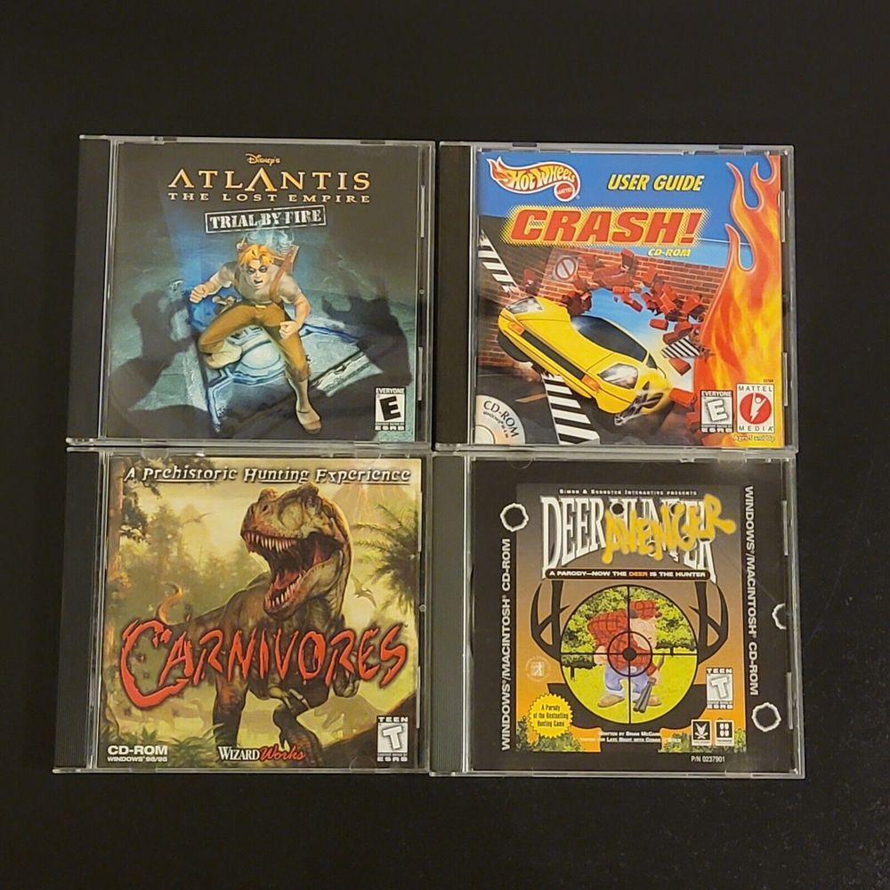 VTG PC CD-Rom 4 Games Carnivores / Atlantis / Deer Hunter / Hot Wheels Crash‎